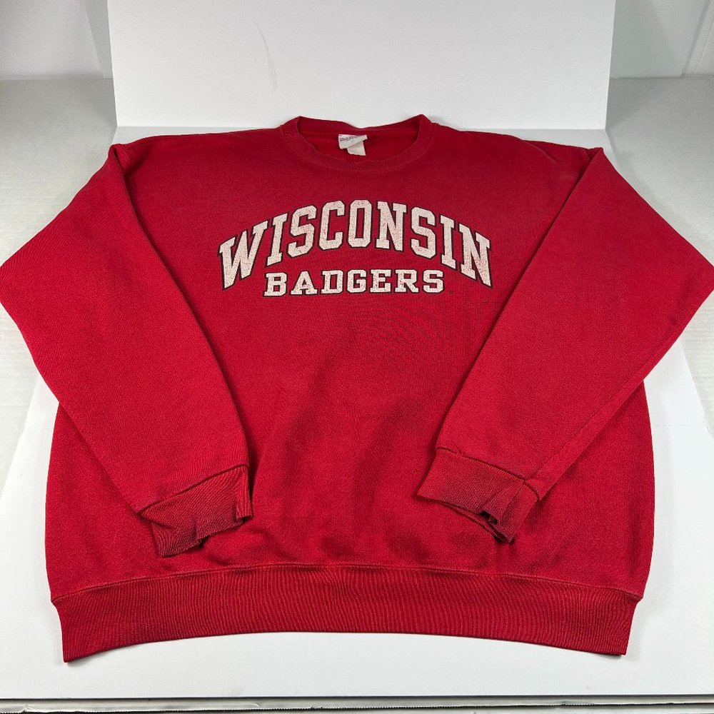 VTG 90s Santee Wisconsin Badgers Sweatshirt Extra Large Red Thrashed Crewneck